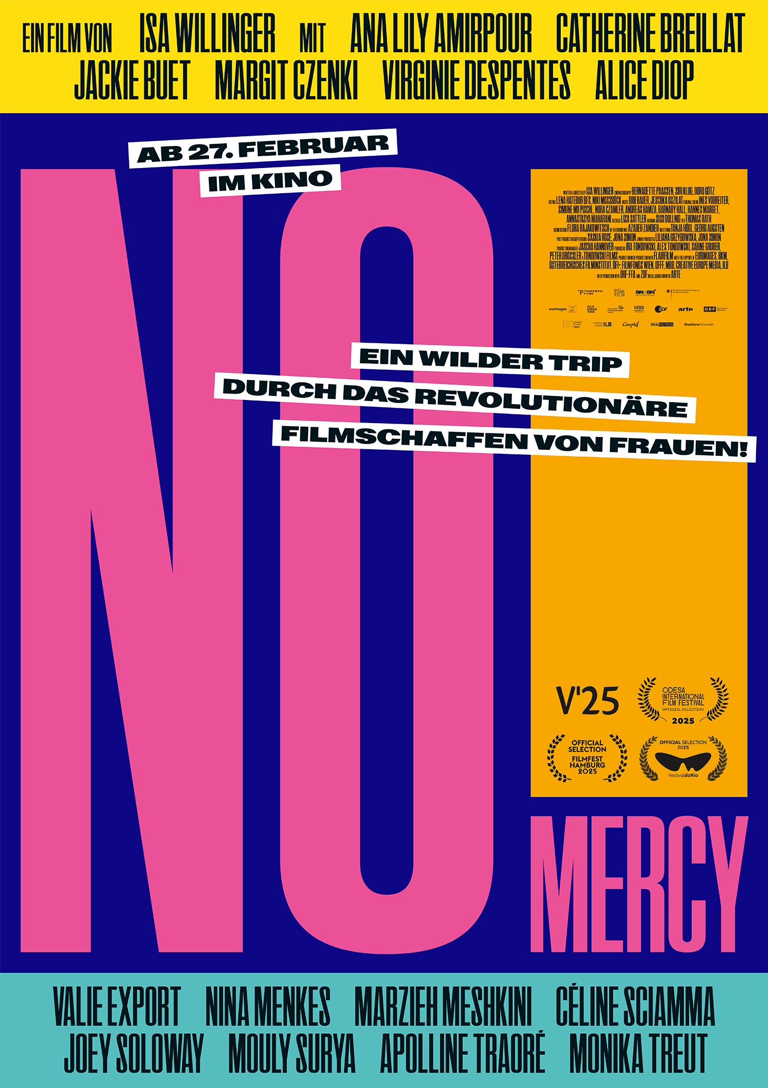 Buntes Filmplakat mit dem großen Schriftzug "NO MERCY", darunter Slogans wie "Ein wilder Trip durch das revolutionäre Filmschaffen von Frauen!" und mehrere Namen.