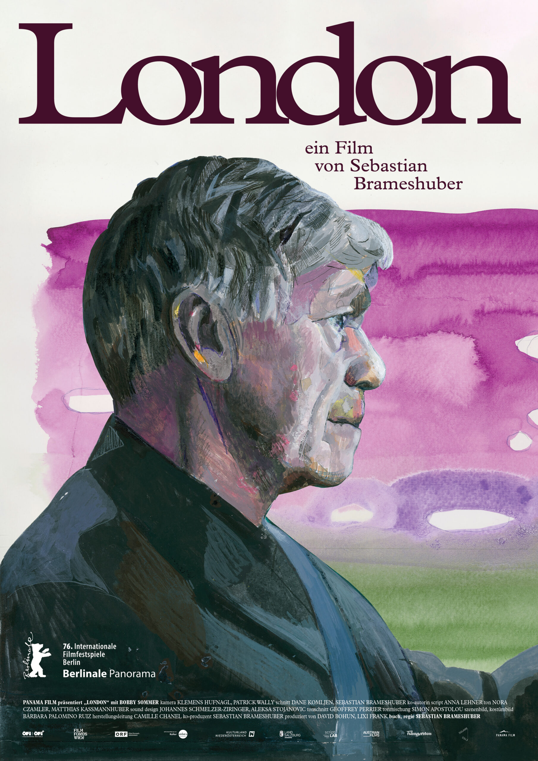 Gemaltes Porträt eines älteren Mannes im Profil vor lila-grünem Hintergrund; oben steht groß „London“.