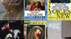 Sechs verschiedene Filmplakate in einer Collage, jeweils mit Titel, Regie-Namen und typischen Motiven: Ein seitliches Porträt einer Frau mit kurzem Haar (Sugarland); eine Szene mit zwei Personen im Western-Stil (Night of the Coyotes); Menschen, die im Wasser treiben (To Close Your Eyes and See Fire); eine Frau auf einem weißen Pferd mit österreichischer Flagge (Noch lange keine Lipizzaner); eine Person mit Clownsnase und Sternen auf den Augen (How to Be Normal); zwei Menschen stehen auf einem Balkon mit Blick über eine Stadt (Wenn du Angst hast, nimmst du dein Herz in den Mund und lächelst).