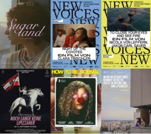 Sechs verschiedene Filmplakate in einer Collage, jeweils mit Titel, Regie-Namen und typischen Motiven: Ein seitliches Porträt einer Frau mit kurzem Haar (Sugarland); eine Szene mit zwei Personen im Western-Stil (Night of the Coyotes); Menschen, die im Wasser treiben (To Close Your Eyes and See Fire); eine Frau auf einem weißen Pferd mit österreichischer Flagge (Noch lange keine Lipizzaner); eine Person mit Clownsnase und Sternen auf den Augen (How to Be Normal); zwei Menschen stehen auf einem Balkon mit Blick über eine Stadt (Wenn du Angst hast, nimmst du dein Herz in den Mund und lächelst).