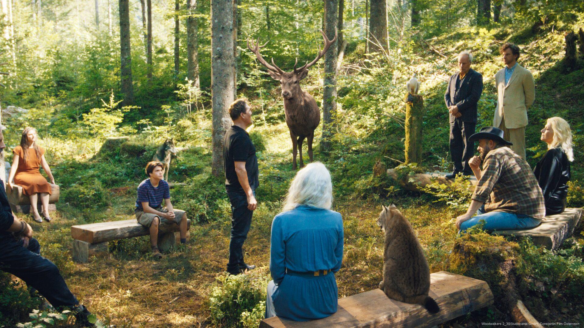 Gruppe von Menschen sitzt und steht in einem sonnendurchfluteten Wald, während ein großer Hirsch mit Geweih vor ihnen steht; daneben sind auch ein Wolf, ein kleiner Luchs und ein weißes Tier auf einem Baumstumpf zu sehen. Andrew Milling (Oliver Masucci) muss sich vor dem Rat der Woodwalkers verteidigen