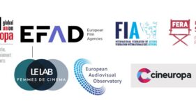 Mehrere Logos europäischer Film- und Medienorganisationen, darunter EWA (European Women's Audiovisual Network), Union Global Europa, EFAD (European Film Agencies), FIA (Federation of Actors), FERA (Federation of European Screen Directors), LE LAB Femmes de Cinema, European Audiovisual Observatory und Cineuropa.
