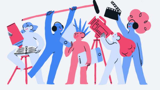 Sechs stilisierte Figuren mit Film- und Tontechnik wie Kamera, Mikrofon, Klappe und Kopfhörern, in Blau- und Rottönen gezeichnet.